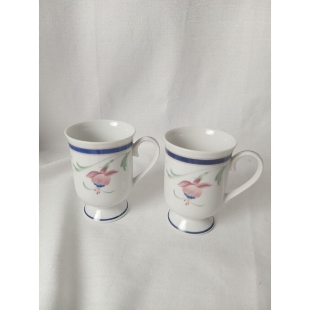 Princess House Exclusive Fine Porcelain Floral Pedestal Mugs Set of 2 Pink Blue